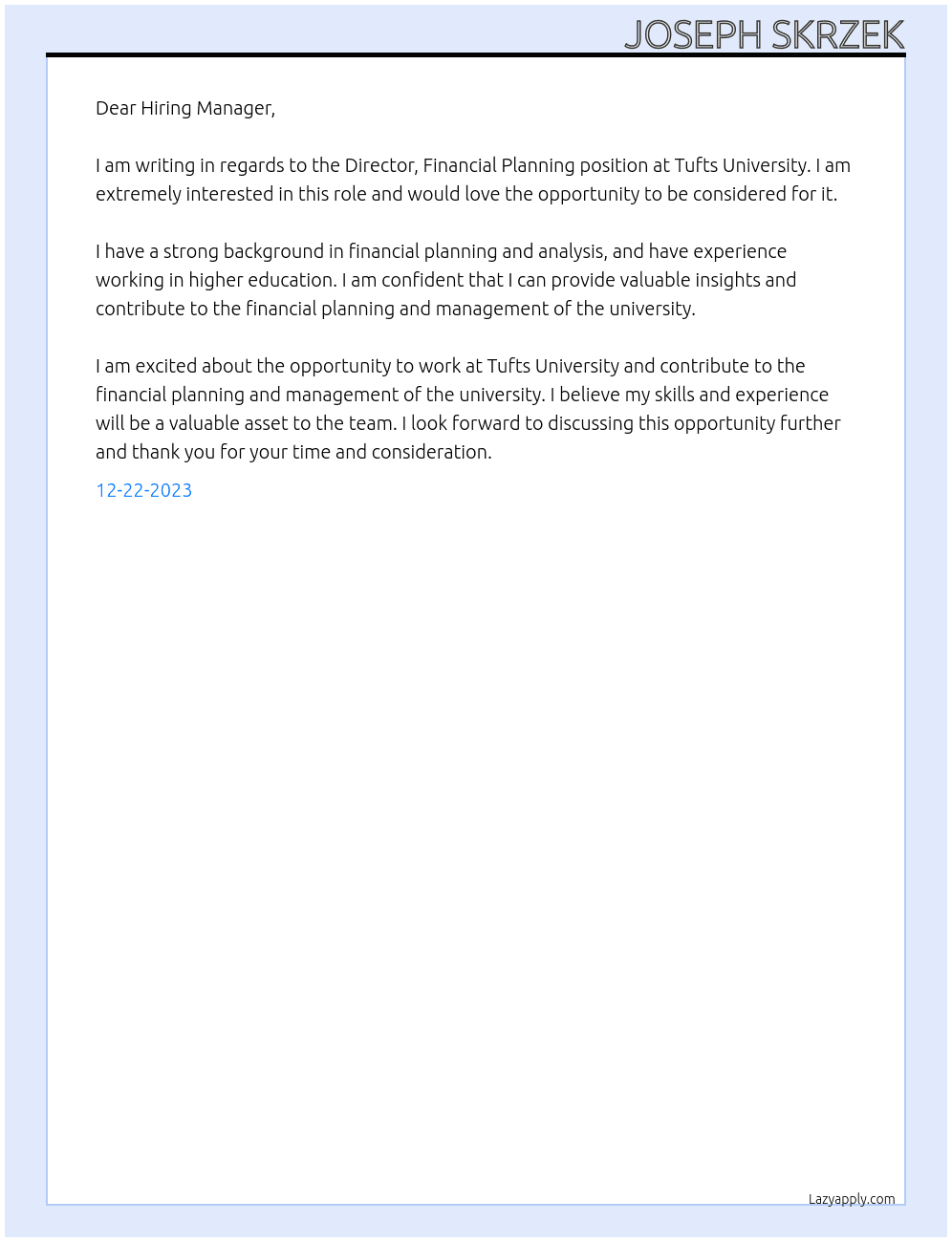 Director, Financial Planning At Tufts University Cover Letter