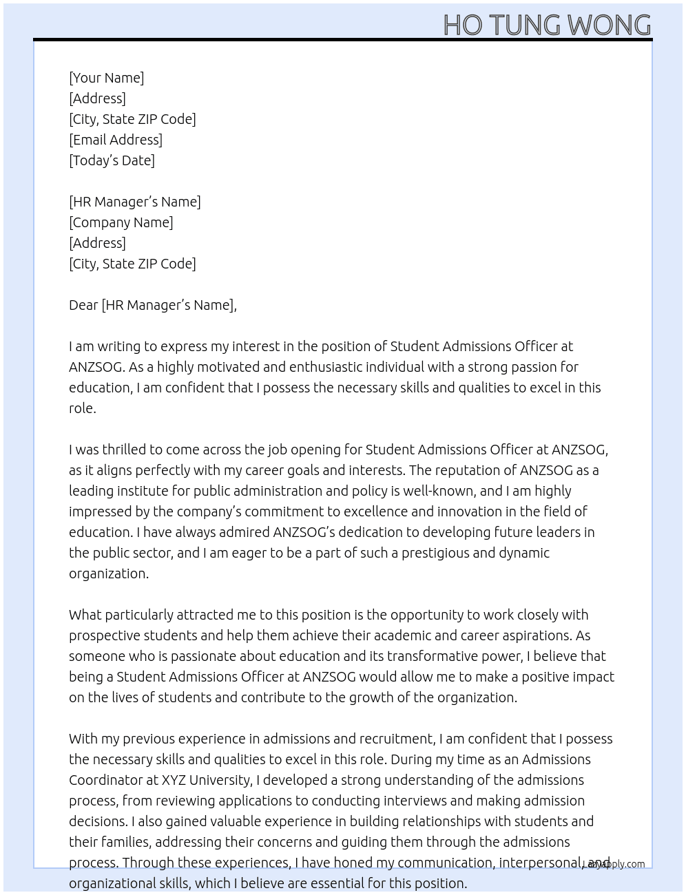 Student Admissions Officer At ANZSOG Cover Letter
