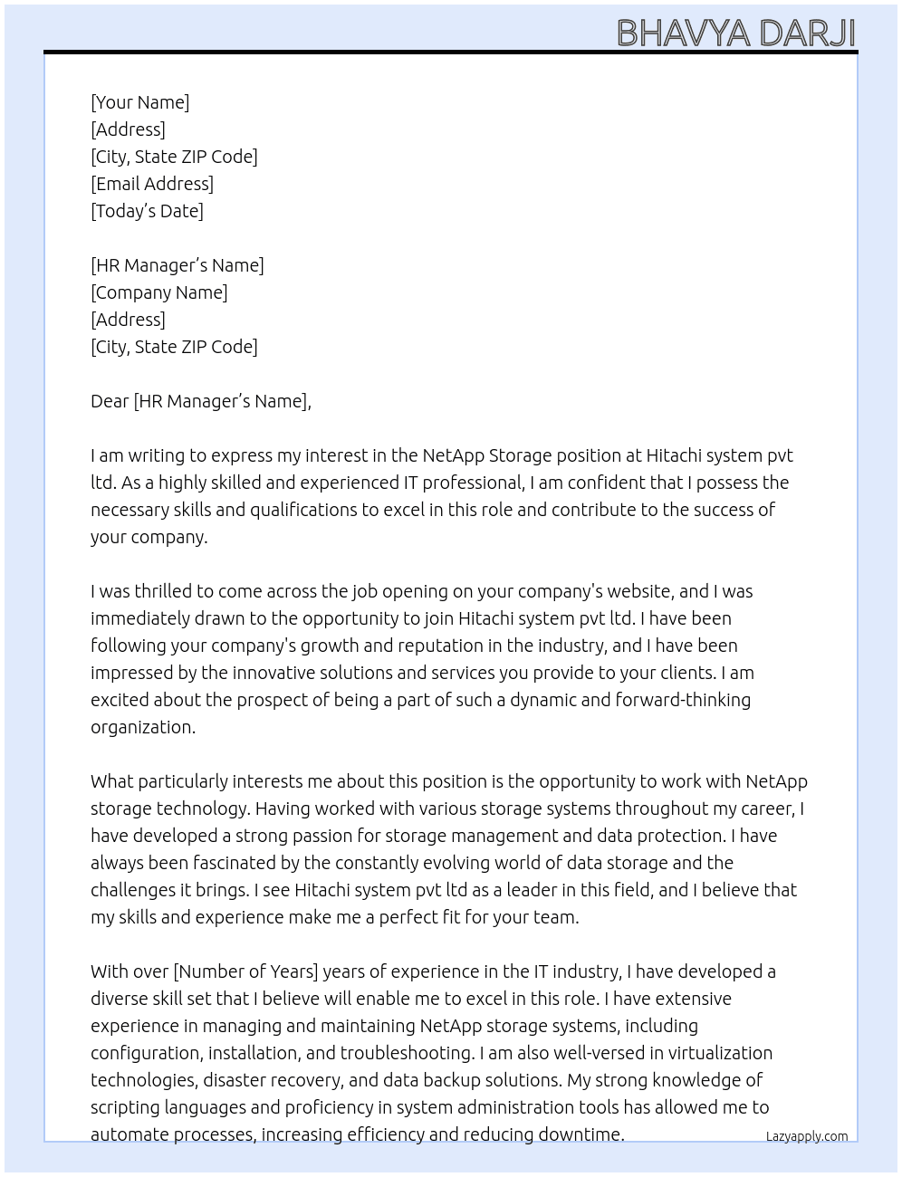 NetApp Storage At Hitachi system pvt ltd Cover Letter