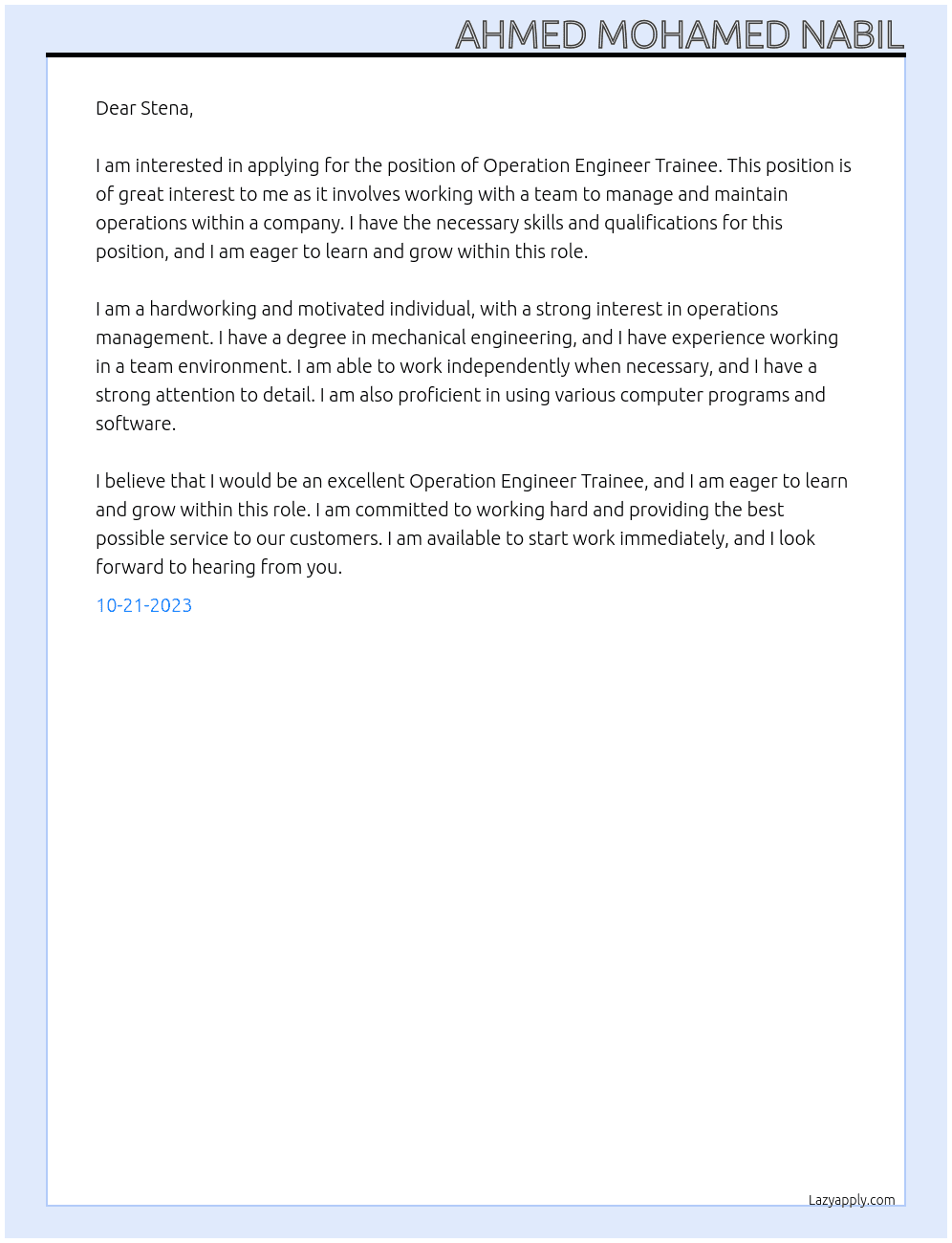 Operation engineer trainee  At Stena Cover Letter
