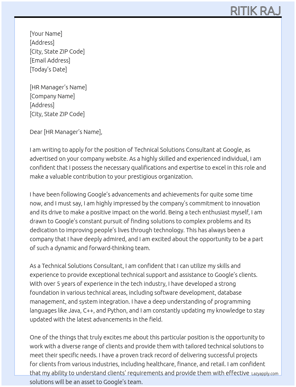 Cover letter for technical solutions consultant - LazyApply