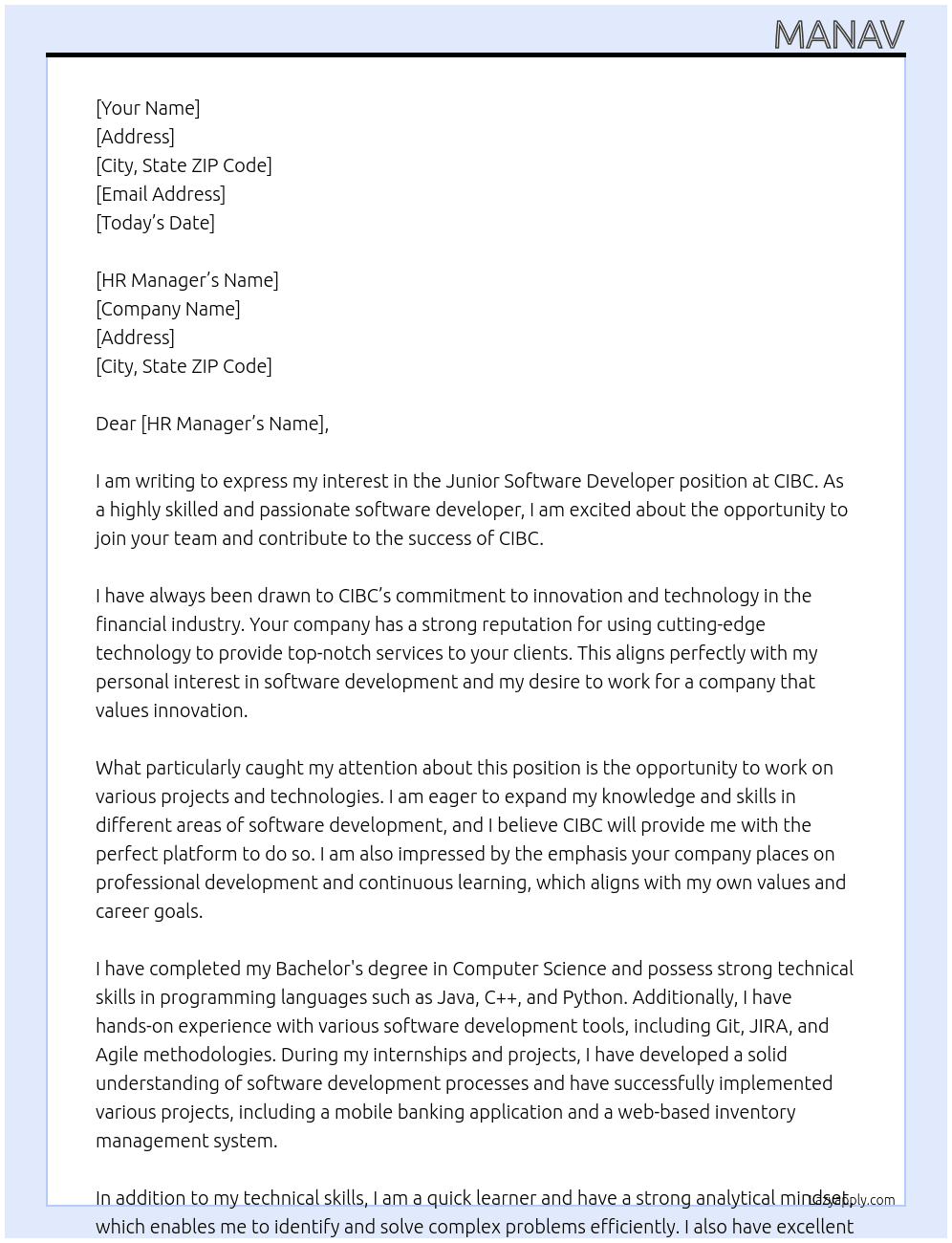  junior software developer At CIBC Cover Letter