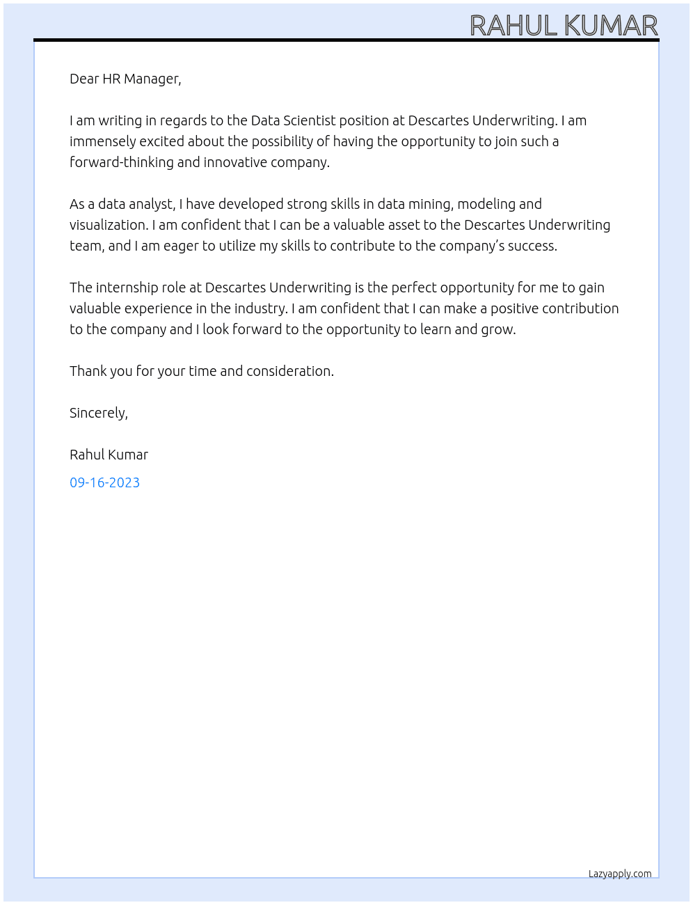 Data Scientist At Descartes Underwriting Cover Letter