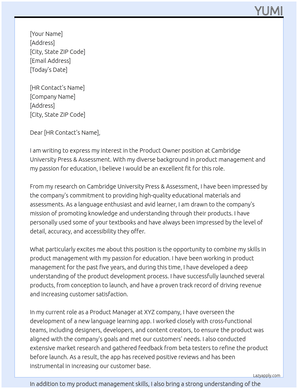 Product Owner At Cambridge University Press & Assessment Cover Letter