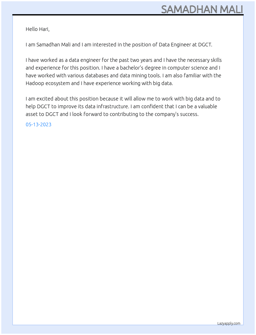 Data Engineer At DGCT Cover Letter