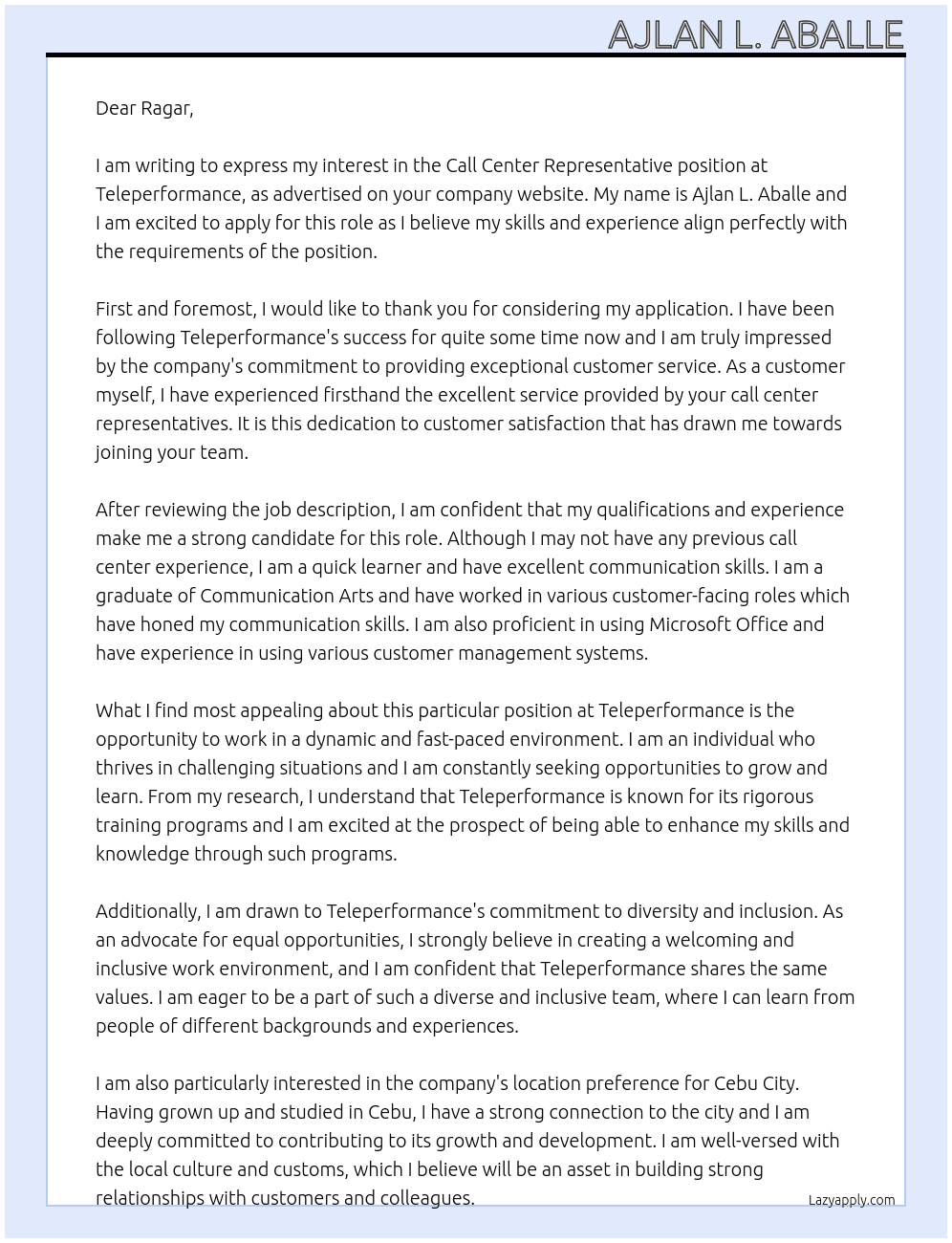 Call Center Representative  At Teleperformance Cover Letter