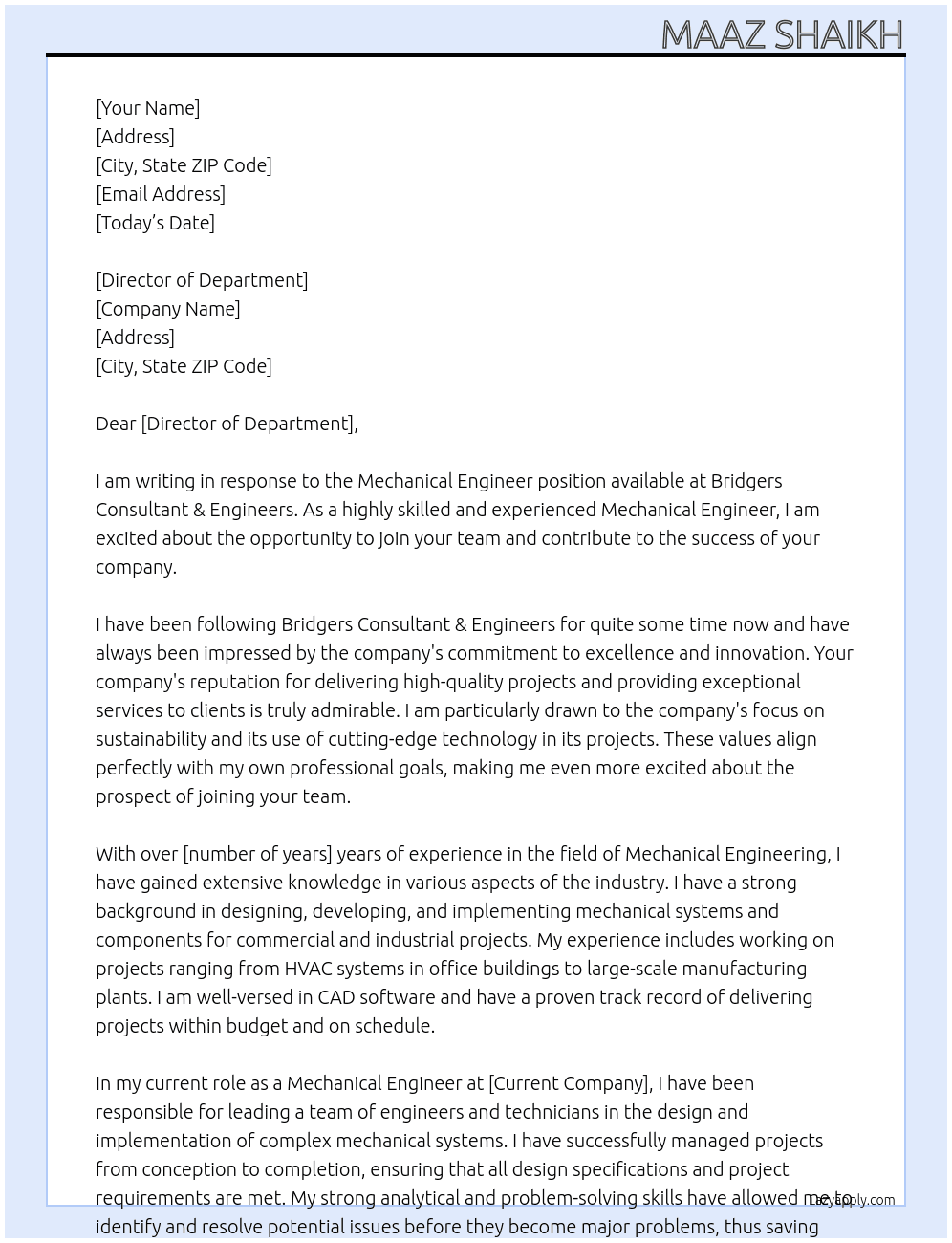 Mechanical Engineer At Bridgers Consultant & Engineers Cover Letter
