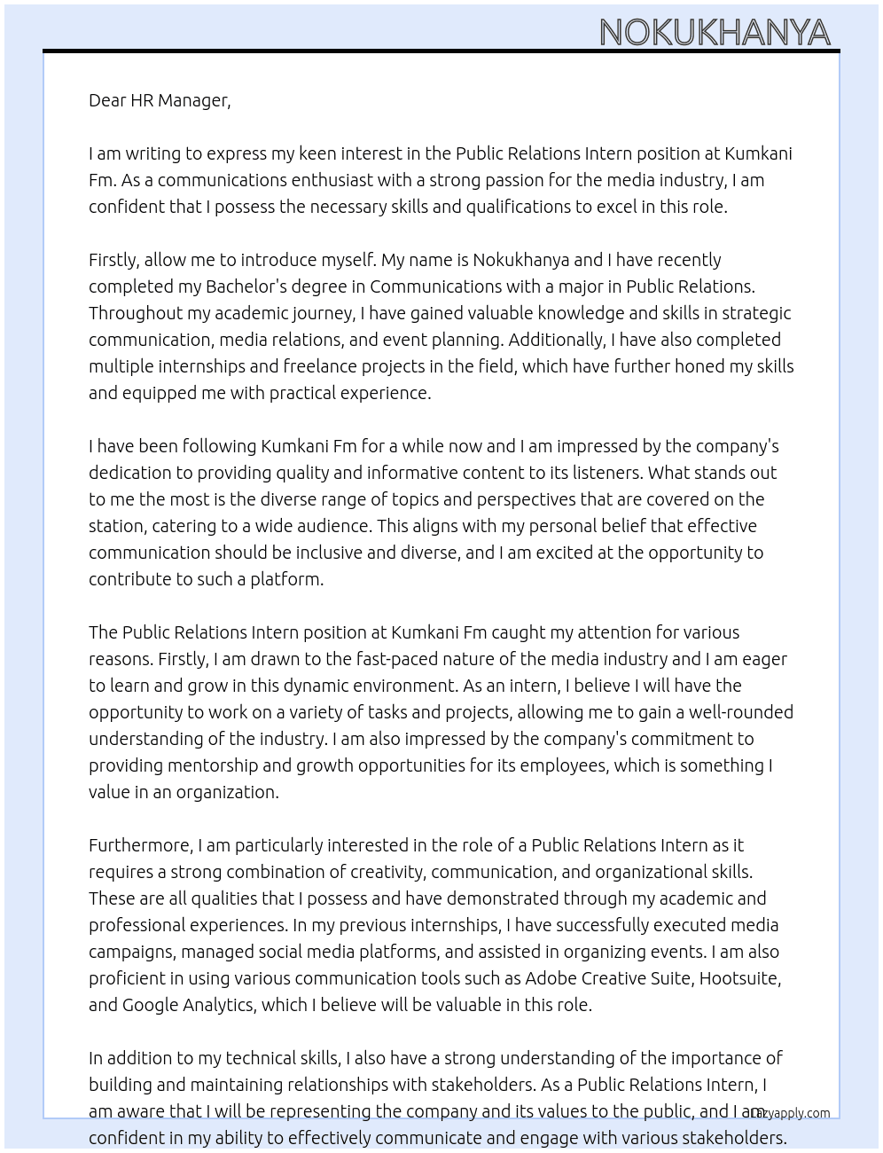 Public Relations Intern At Kumkani Fm Cover Letter