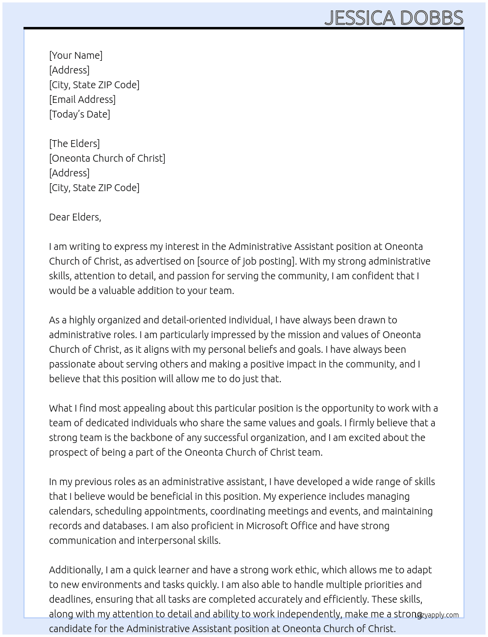 Administrative Assistant At Oneonta Church of Christ Cover Letter