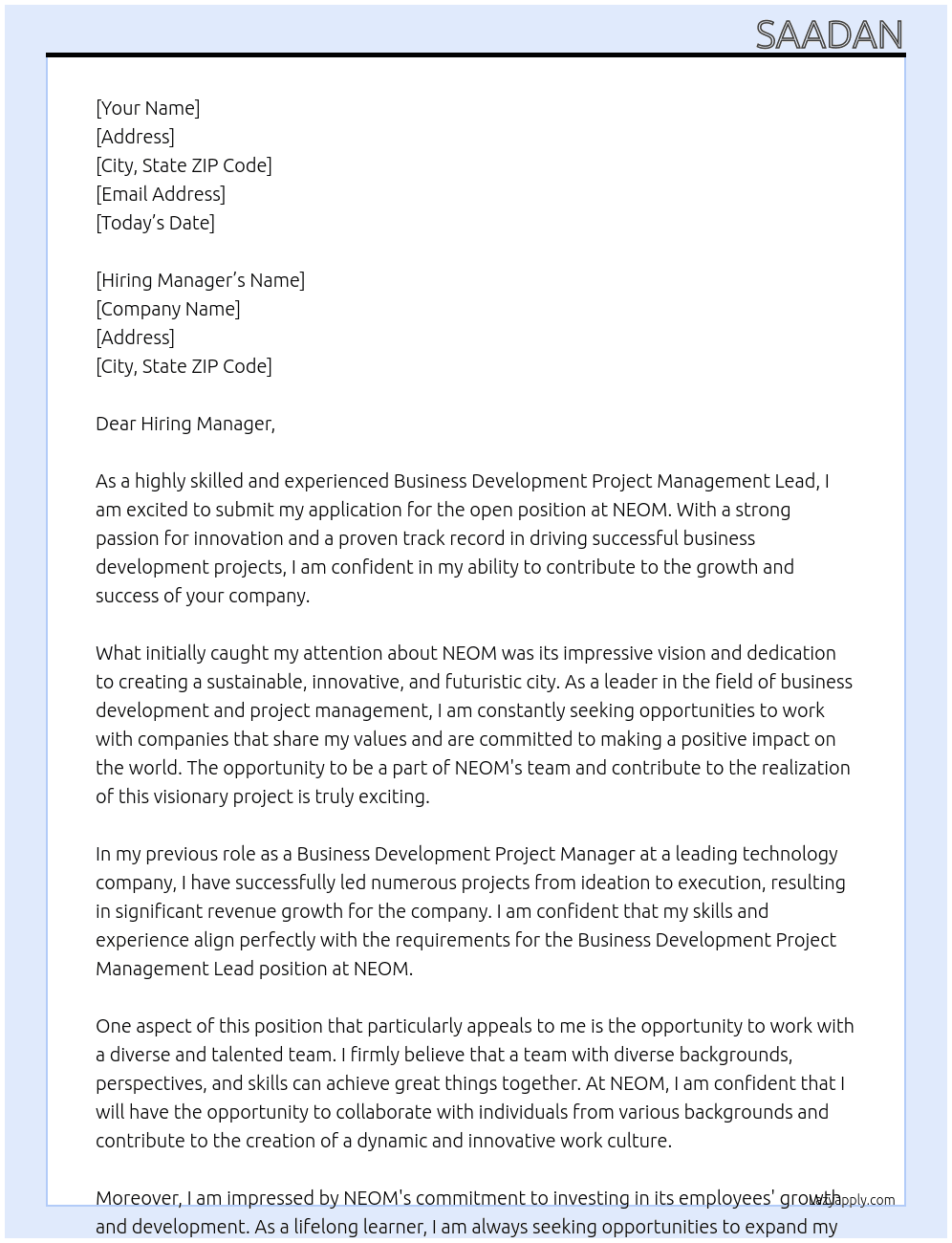 Business Development Project Management Lead At NEOM Cover Letter