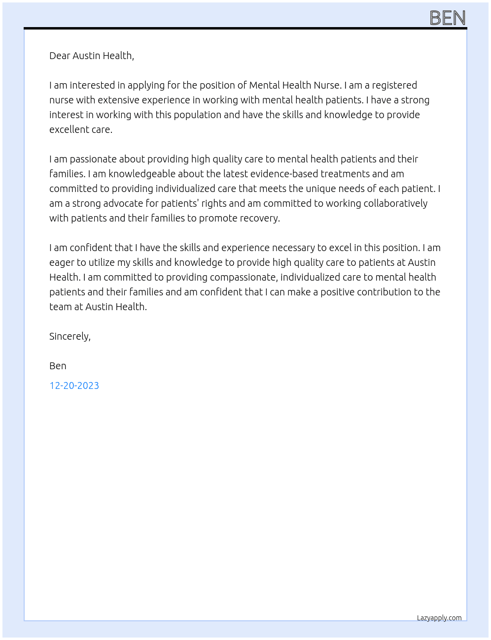 Mental Health Nurse  At Austin Health Cover Letter