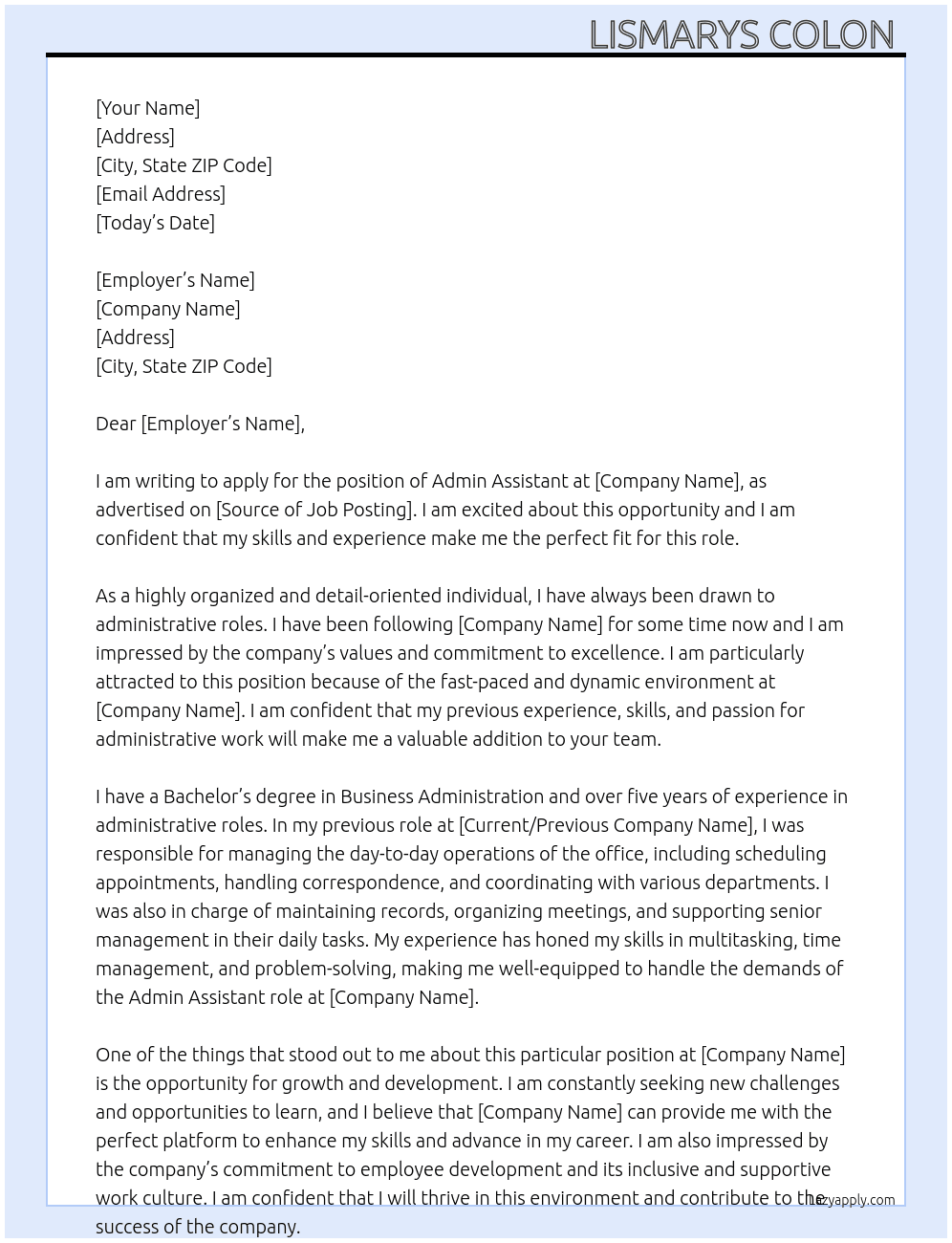 Admin assistant  At Office Cover Letter