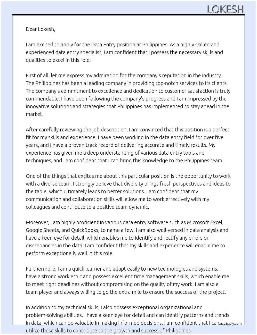 data entry At Philippines Cover Letter