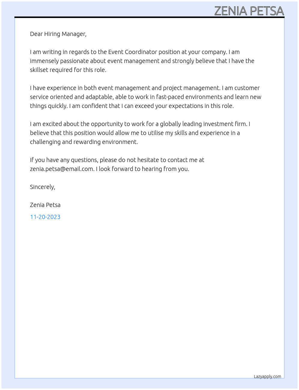 Event Coordinator At a globally leading investment firm  Cover Letter