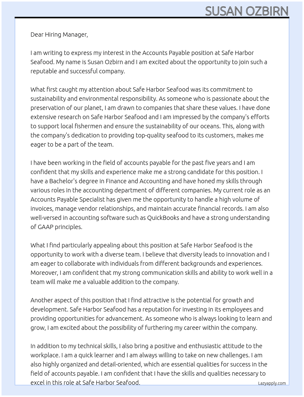 Accounts  Payable  At Safe Harbor Seafood Cover Letter