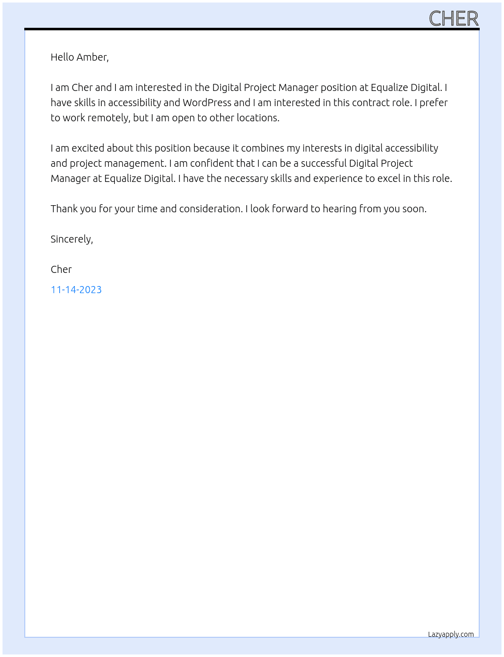 Digital Project Manager At Equalize Digital Cover Letter