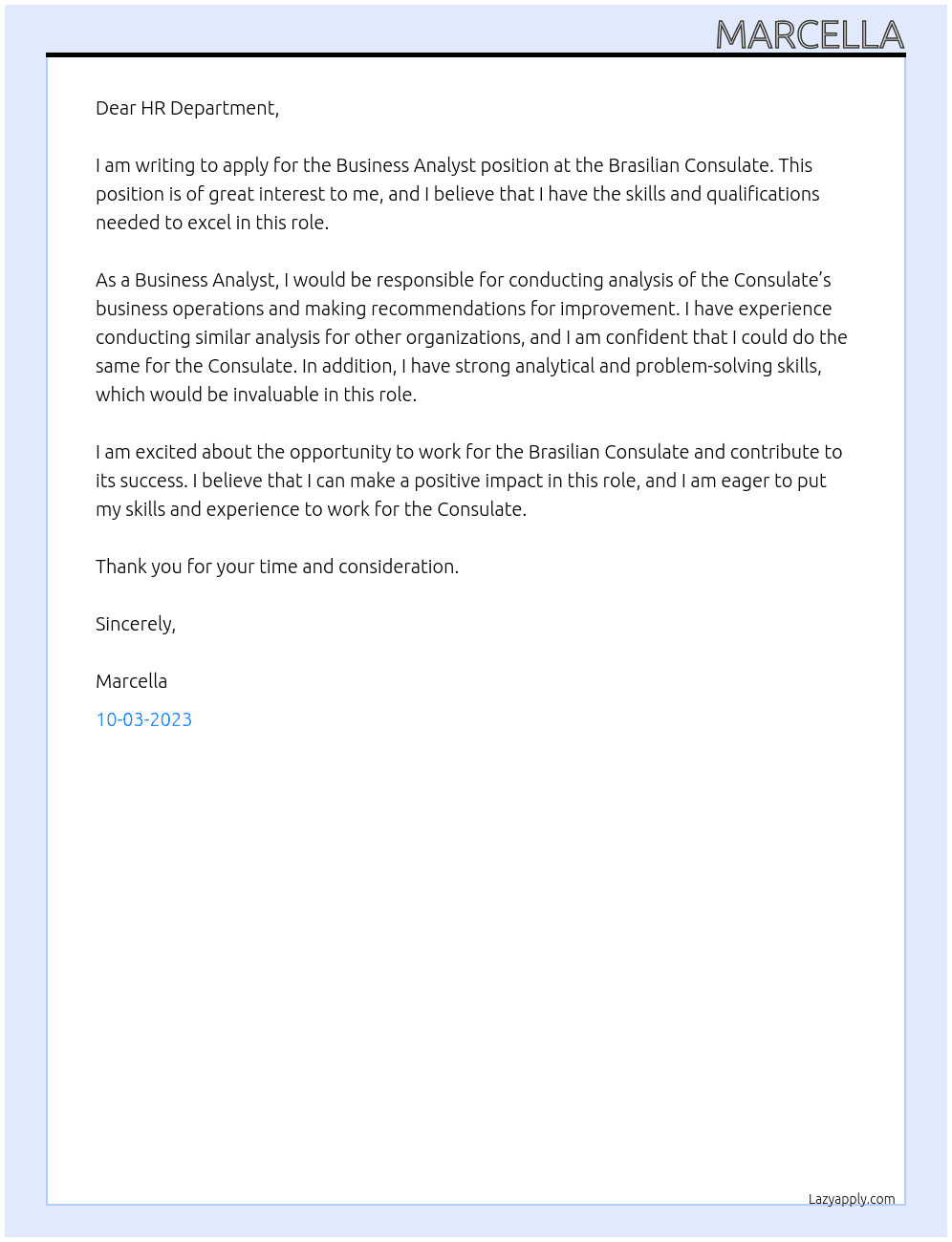 Business analyst At Brasilian Consulate Cover Letter