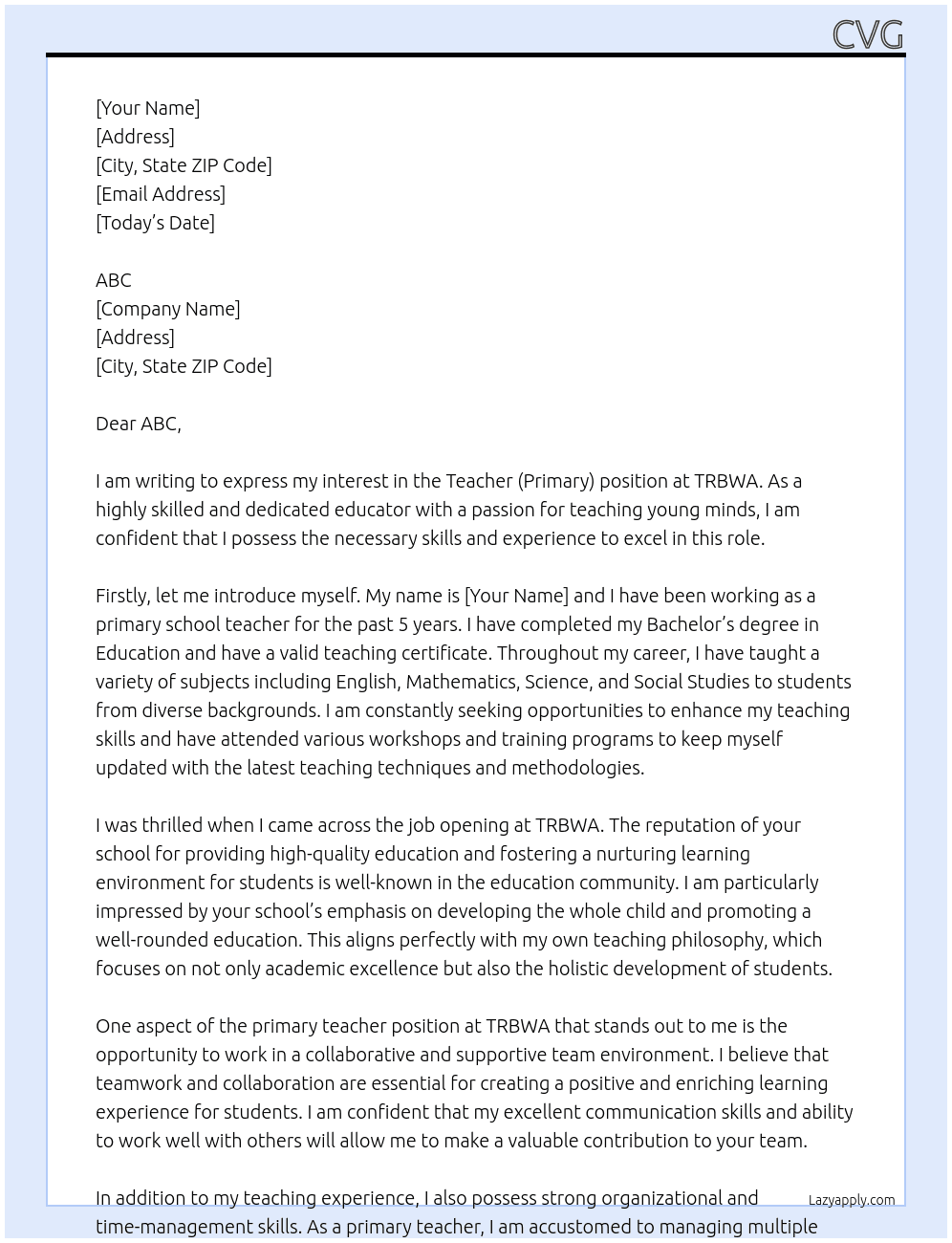 Teacher (Primary) At TRBWA Cover Letter
