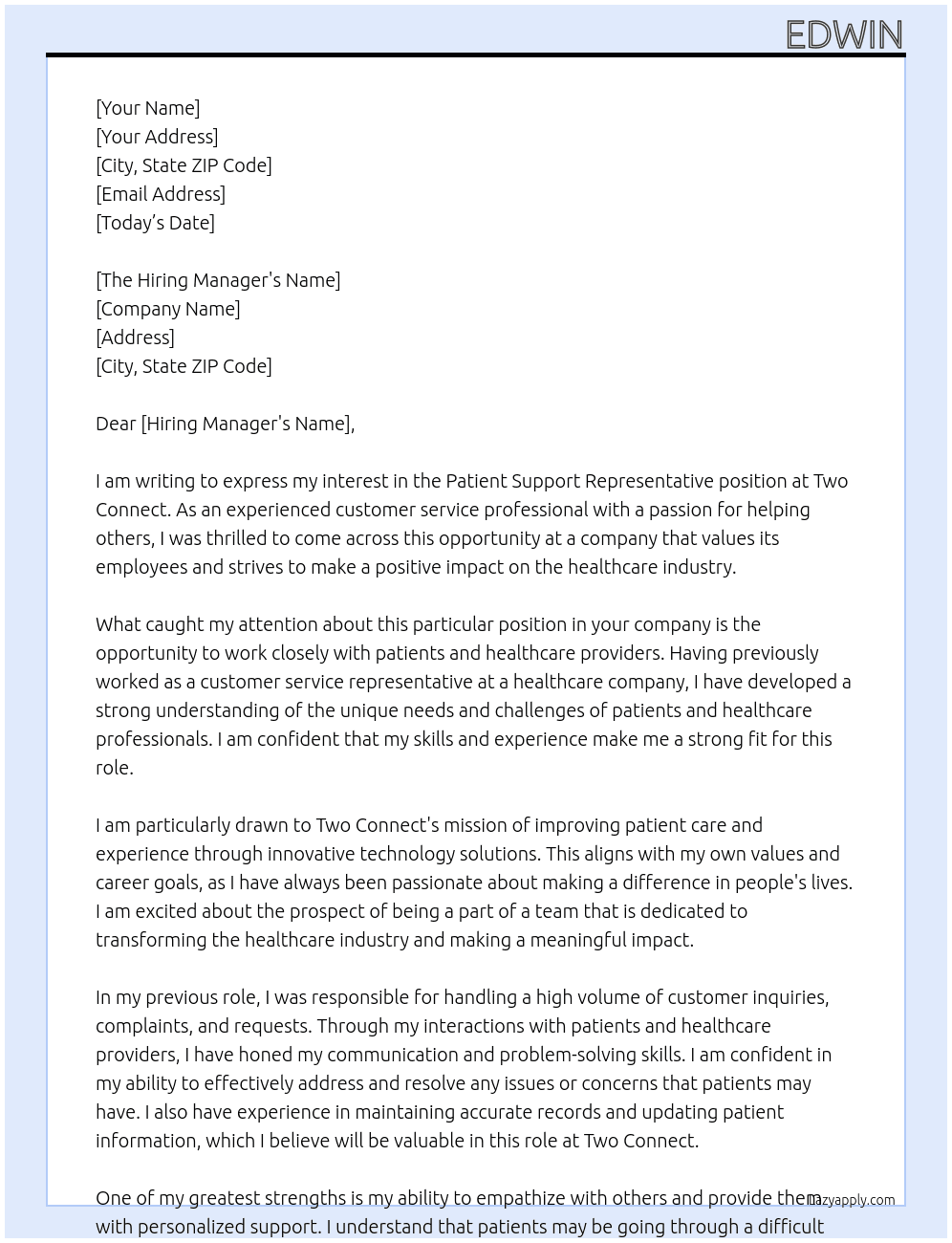 Patient Support Representative At Two Connect Cover Letter