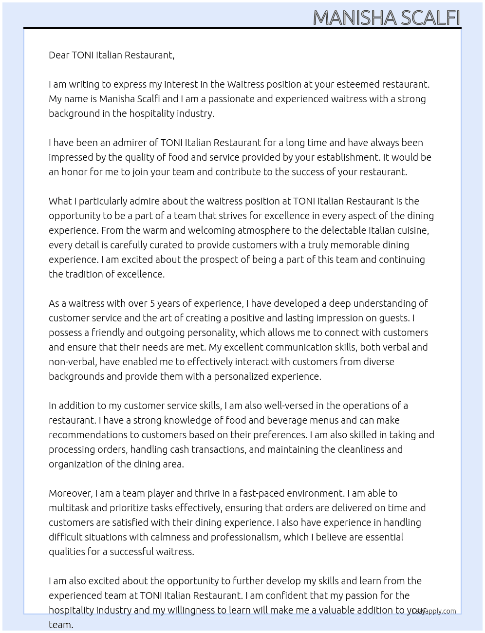 Waitress At TONI Italian Restaurant Cover Letter