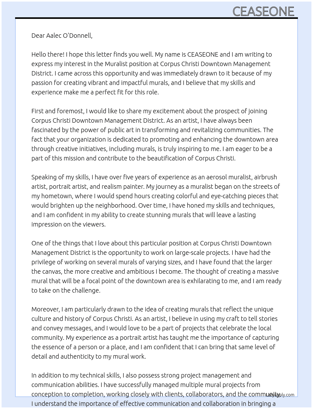 Muralist  At Corpus Christi downtown management district Cover Letter