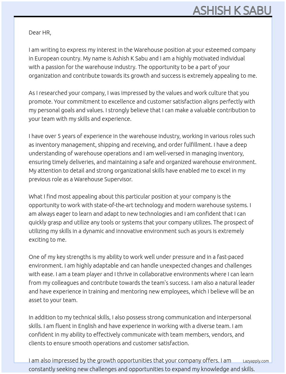Warehouse  At European country  Cover Letter