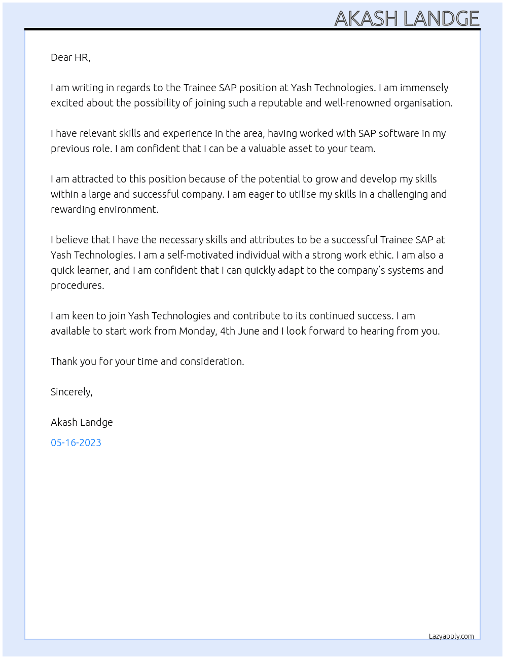 Trainee SAP At Yash Technologies Cover Letter