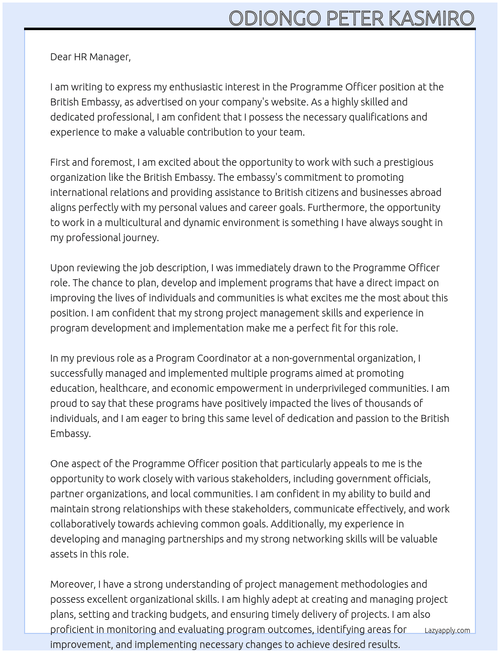 Programme Officer At British Embassy Cover Letter