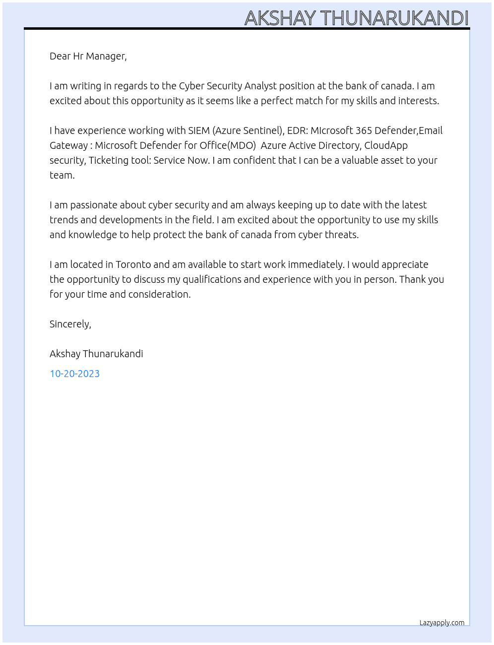 Cyber Security Analyst  At bank of canada Cover Letter