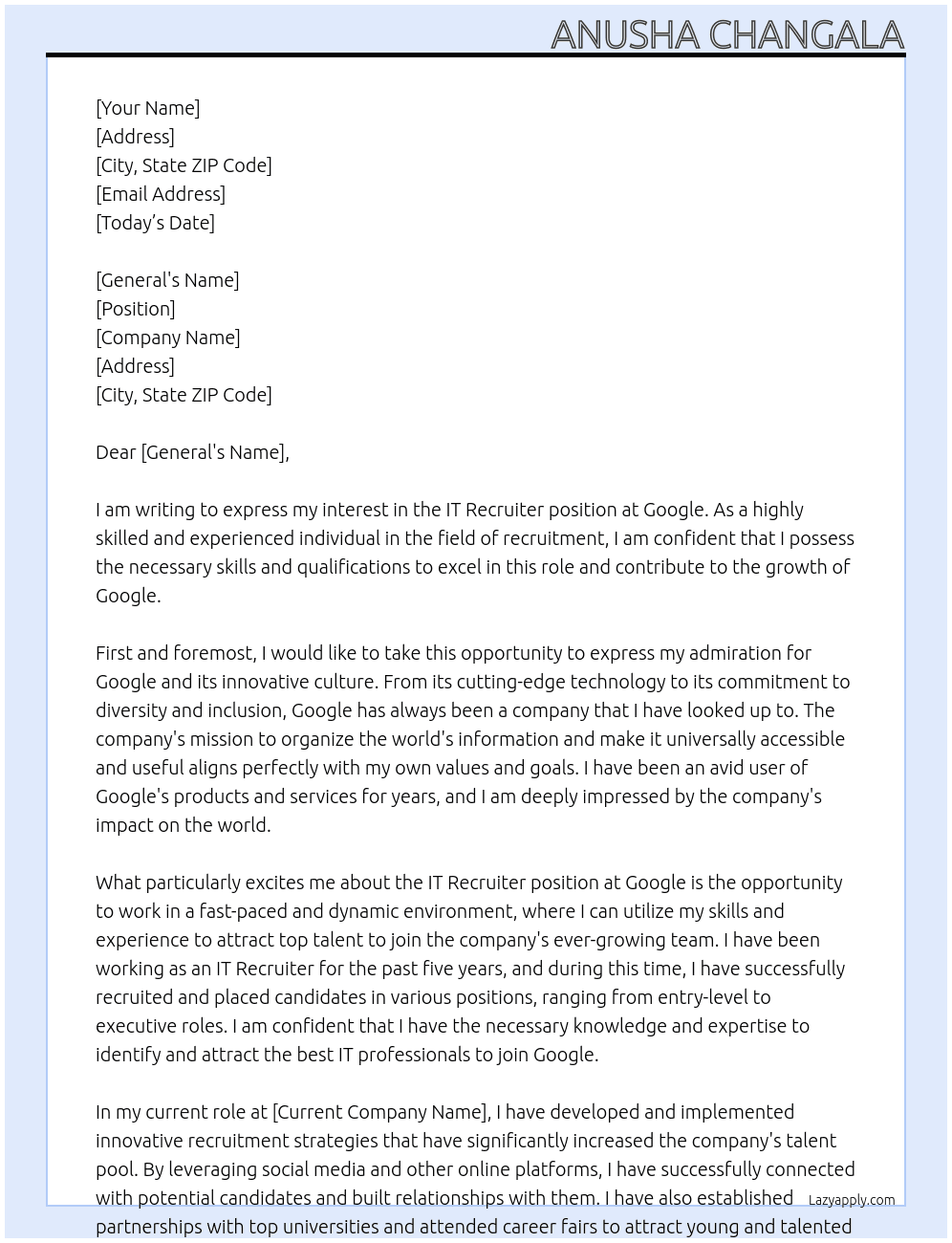 IT RECRUITER At google Cover Letter