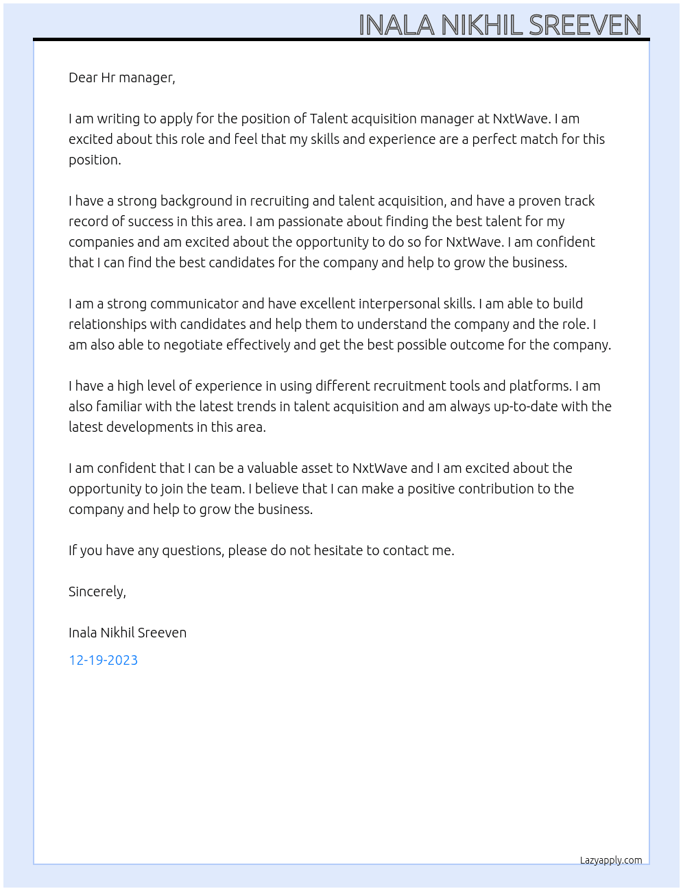 Talent acquisition manager At NxtWave Cover Letter