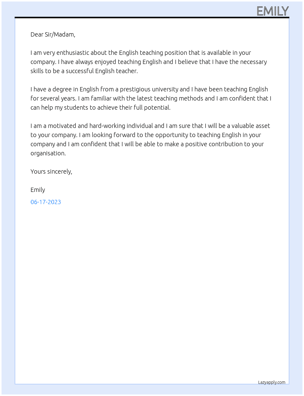 English teaching  At English teaching position Cover Letter