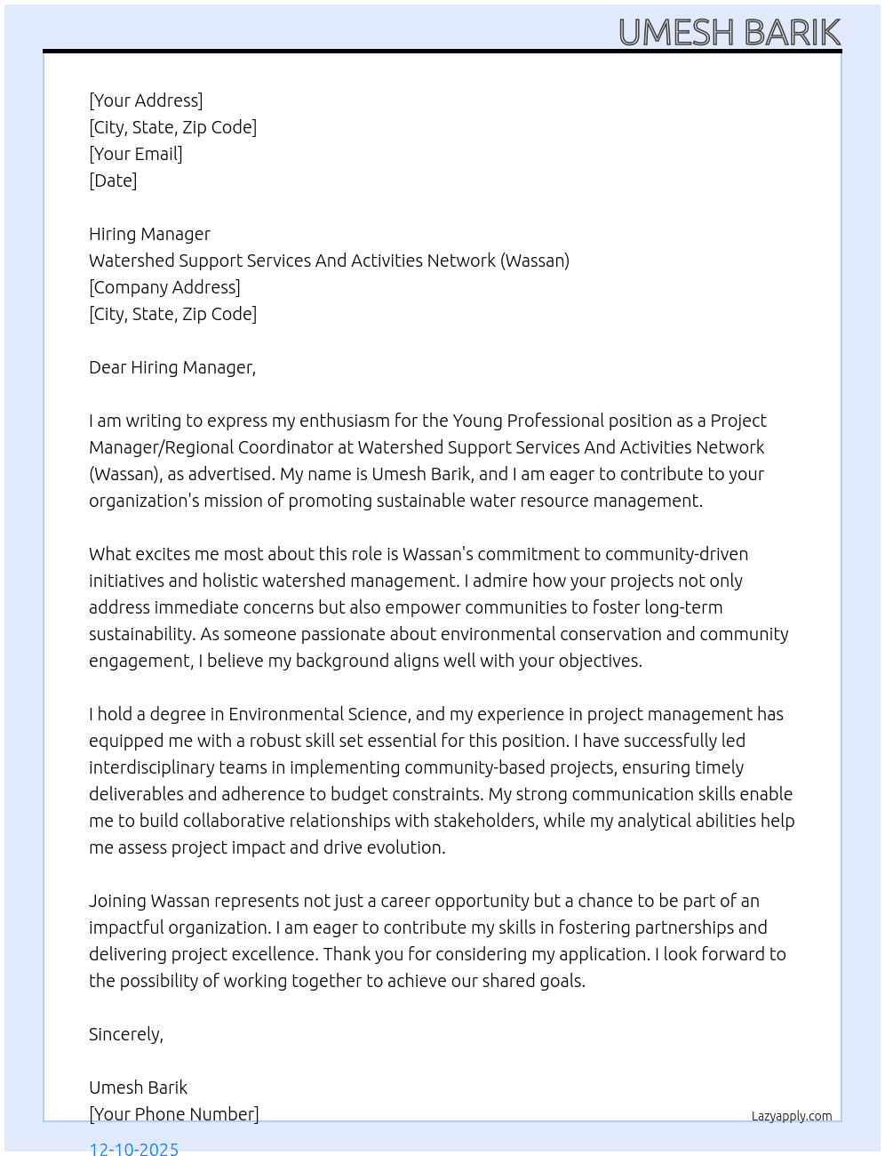 Young professional  At Watershed Support Services And Activities Network (Wassan) Cover Letter