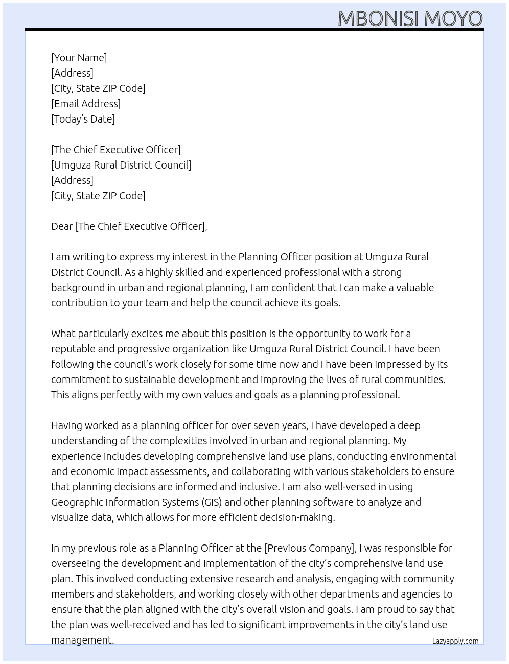 Planning Officer At Umguza Rural District Council Cover Letter