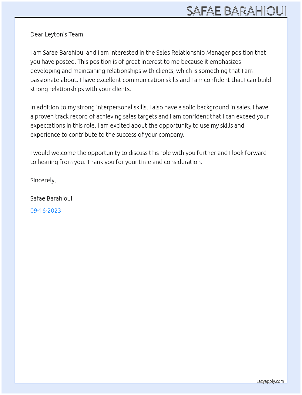 Sales Relationship Manager At Leyton Cover Letter