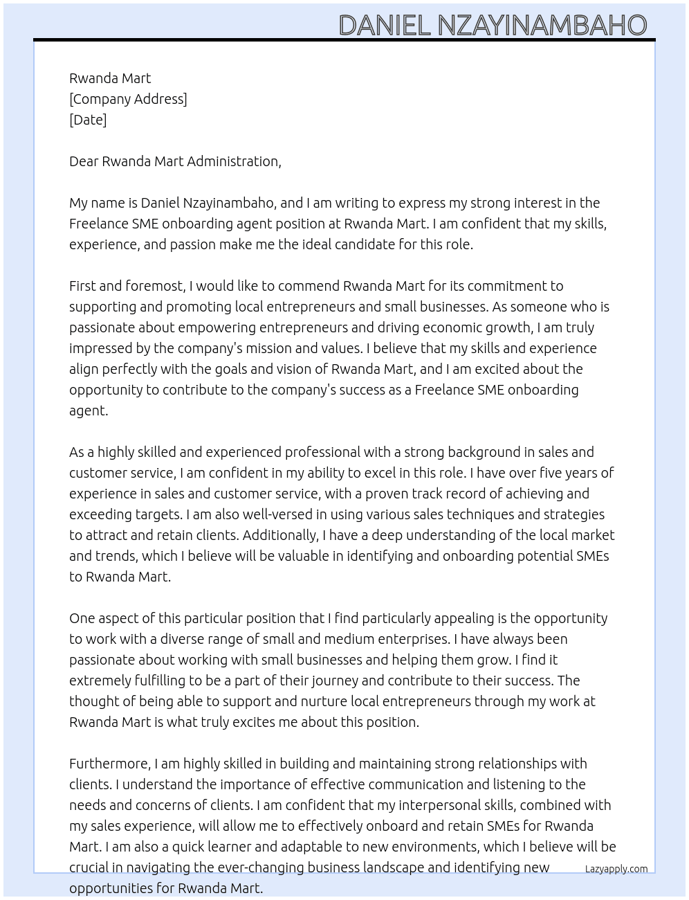 Freelance SME onboarding agent  At Rwanda Mart Cover Letter