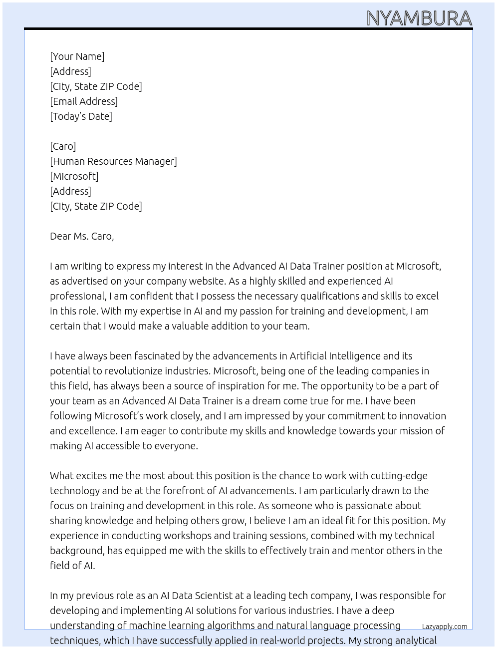 Advanced AI Data trainer At Microsoft Cover Letter