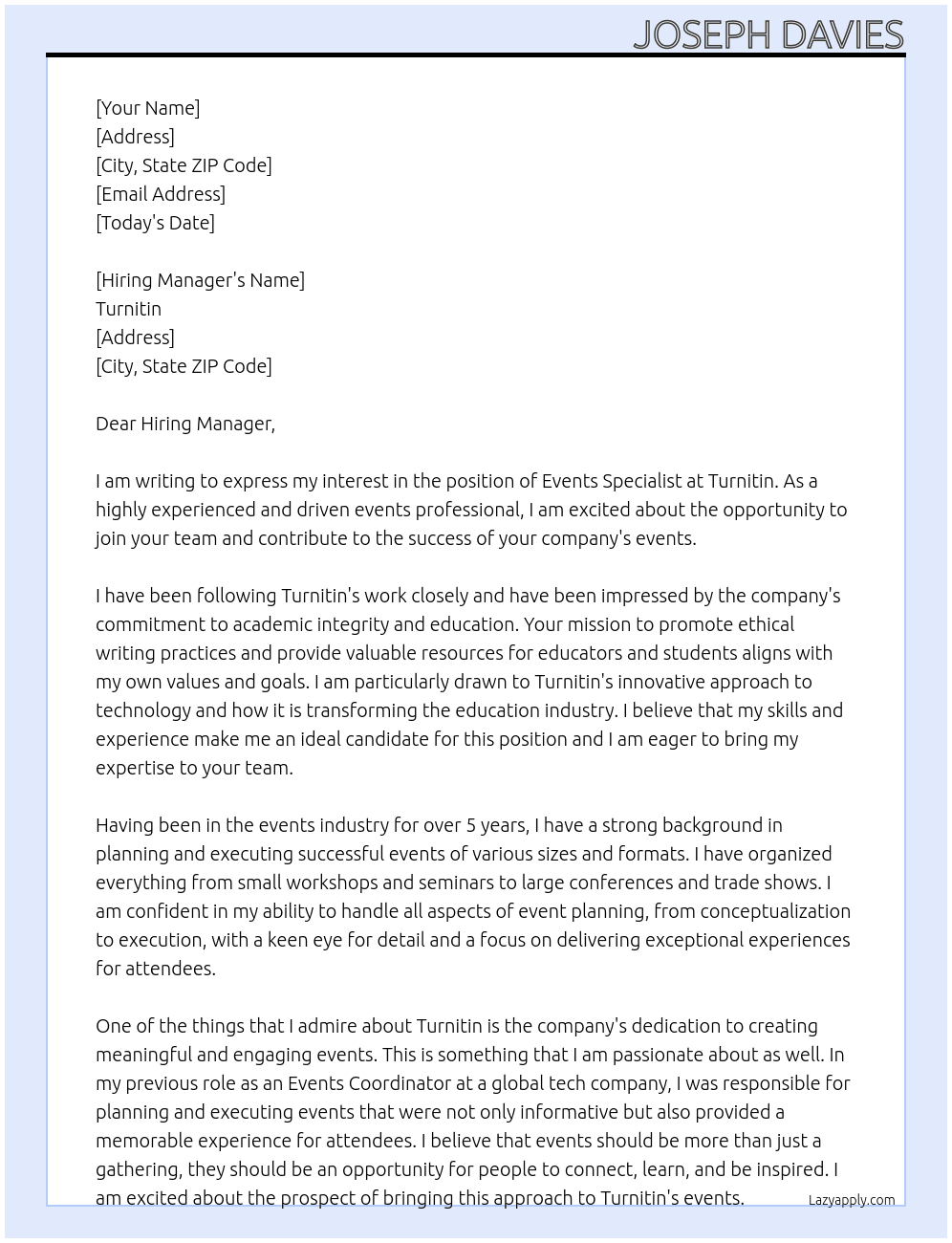 Events Specialist At Turnitin Cover Letter