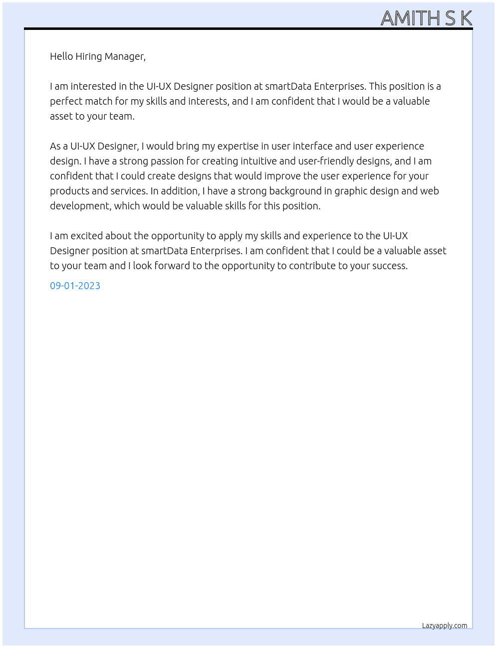 UI-UX Designer At smartData Enterprises Cover Letter