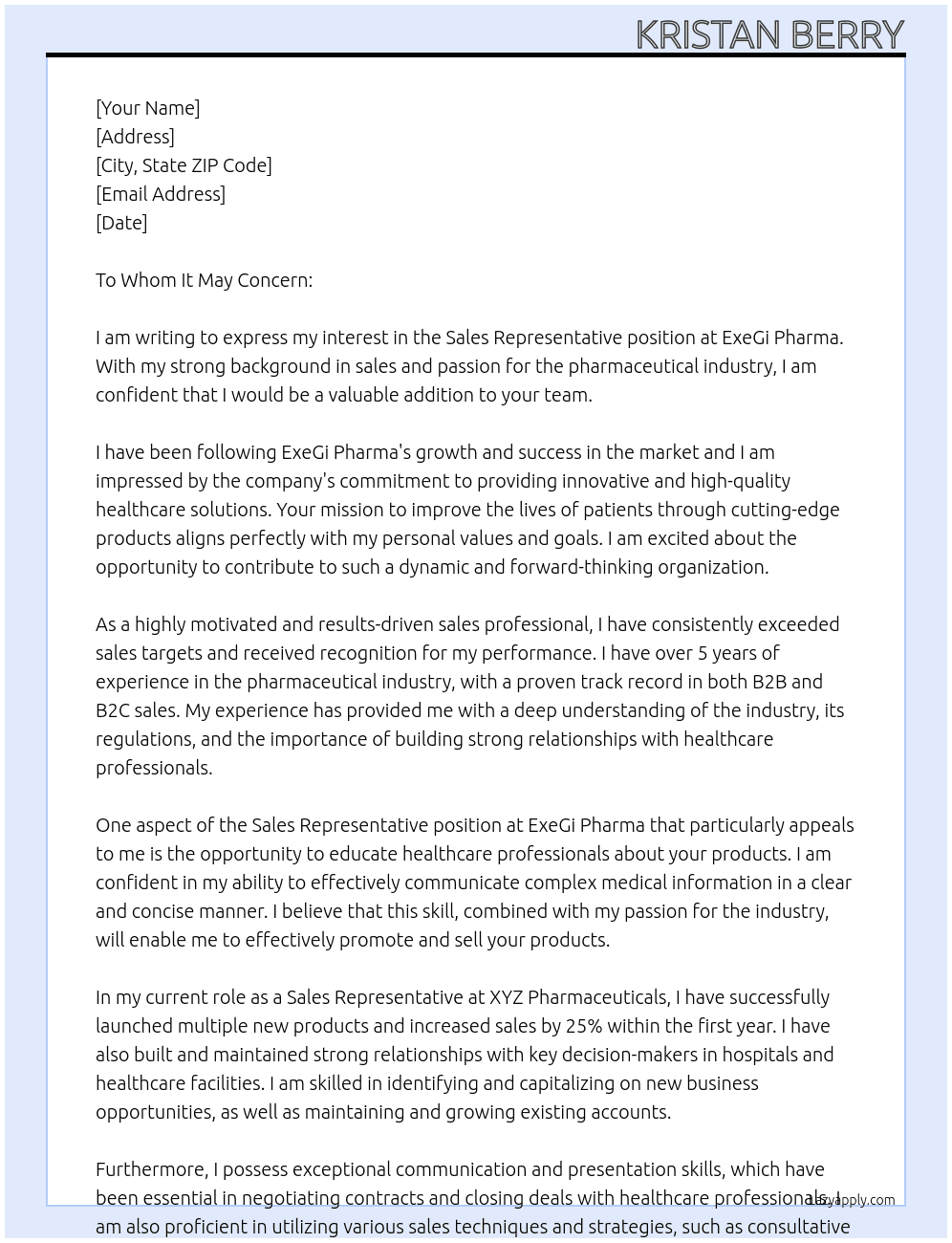 Sales Representative At ExeGi Pharma Cover Letter