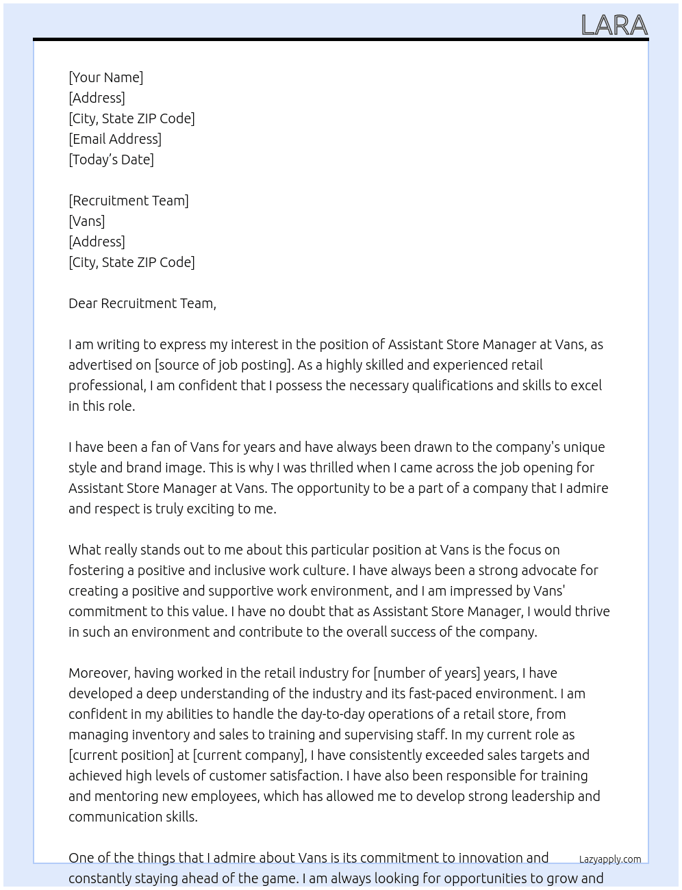 Assistant store manager At Vans Cover Letter