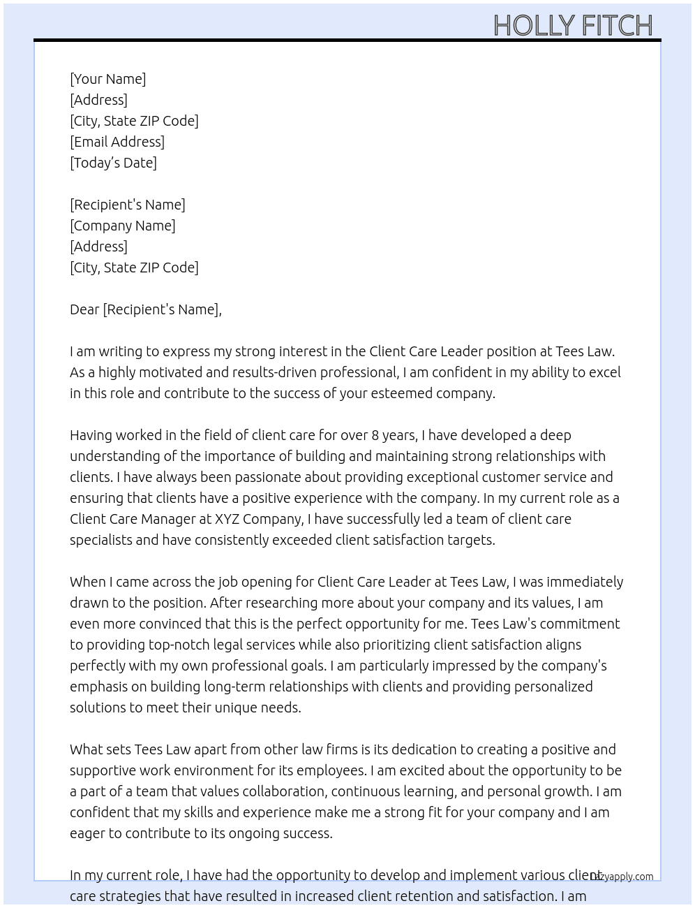 Client Care leader At Tees Law Cover Letter