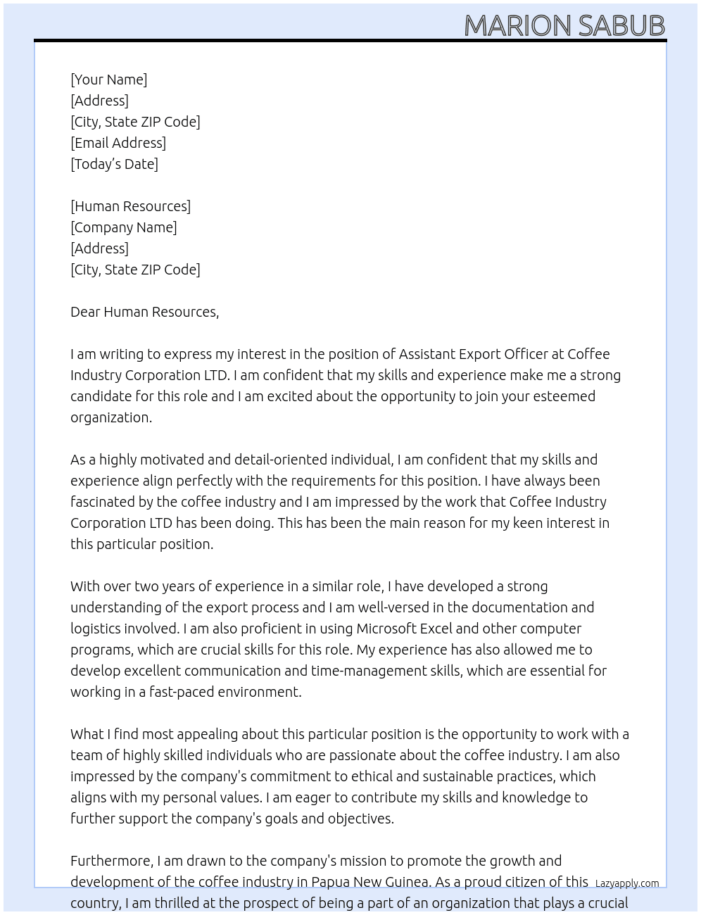 Cover letter for assistant export officer - LazyApply