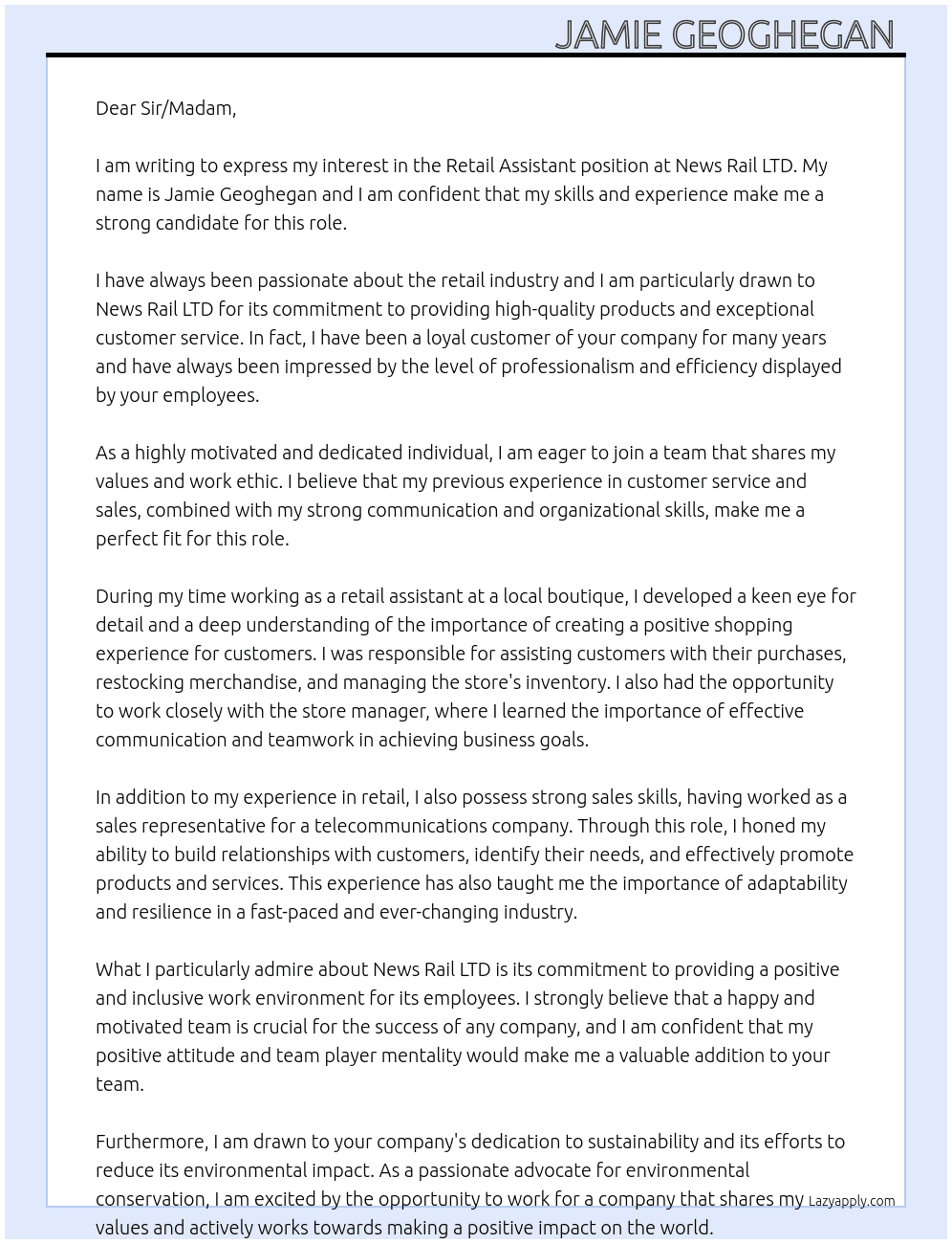 Retail Assistant  At News Rail LTD Cover Letter