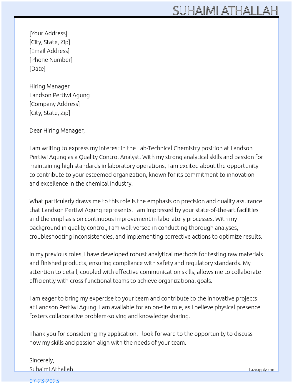 Lab-Techical Chemistry At Landson Pertiwi Agung Cover Letter