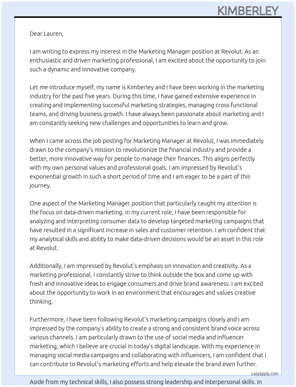 Marketing Manager At Revolut Cover Letter