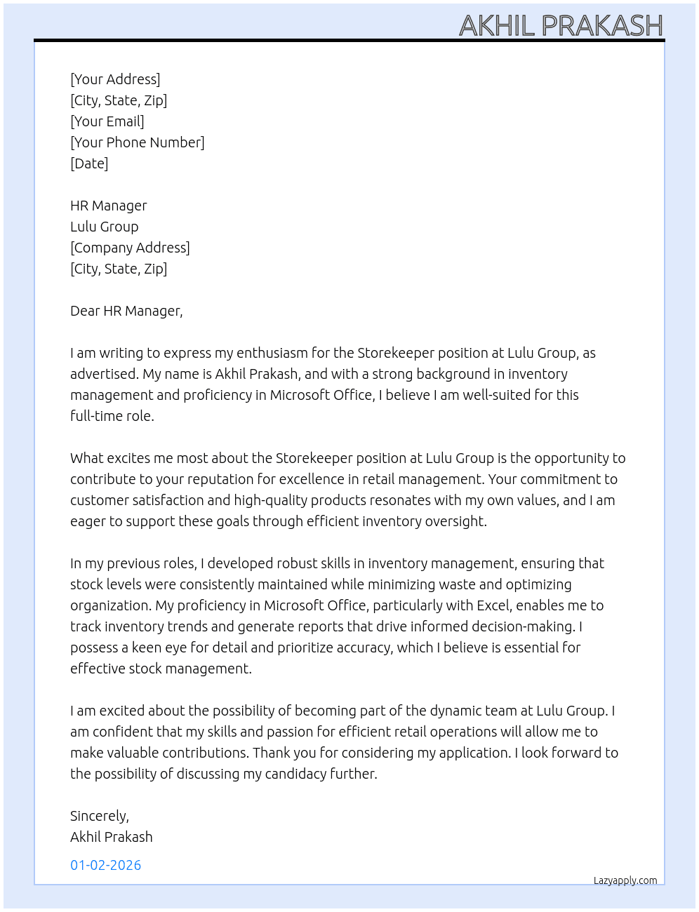 Storekeeper  At Lulu Group Cover Letter