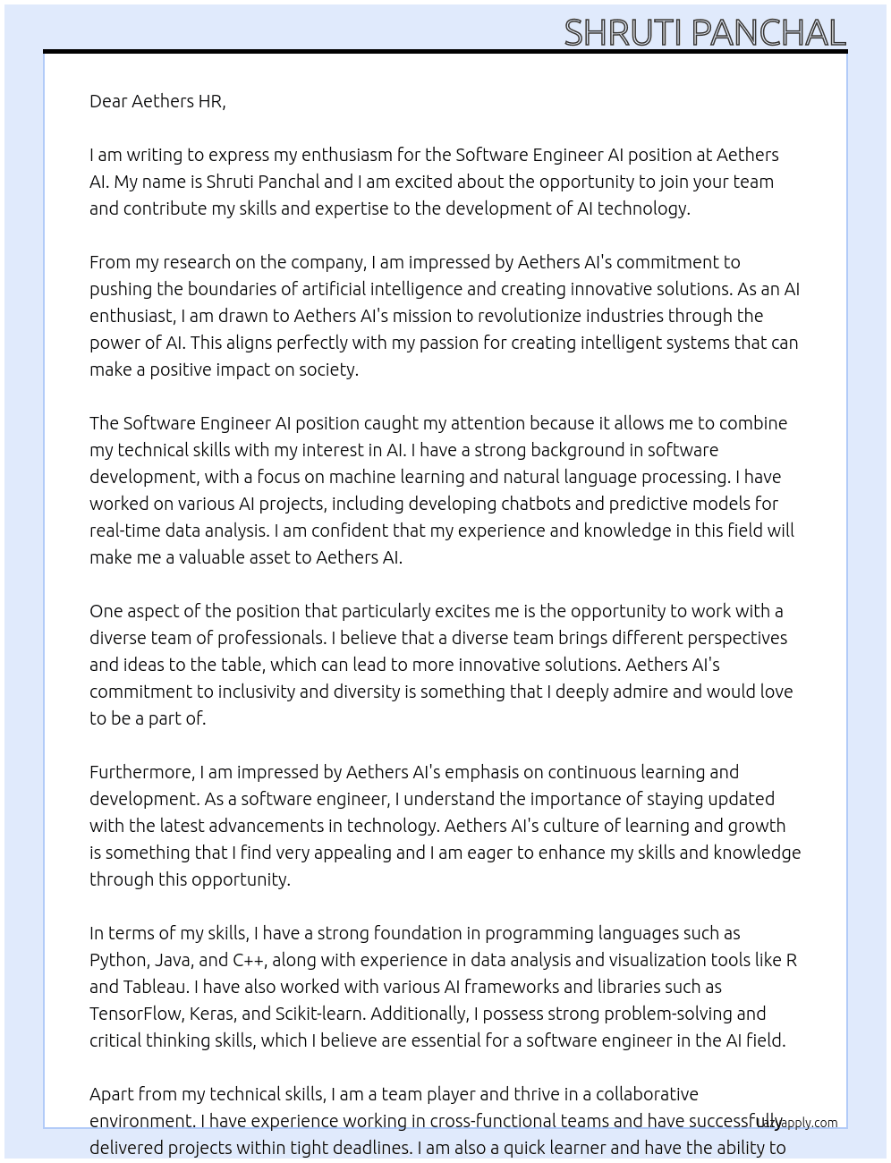 software engineer AI At Aethers AI Cover Letter
