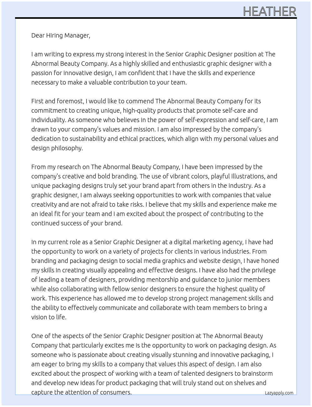 Senior Graphic Designer At The Abnormal Beauty Company Cover Letter
