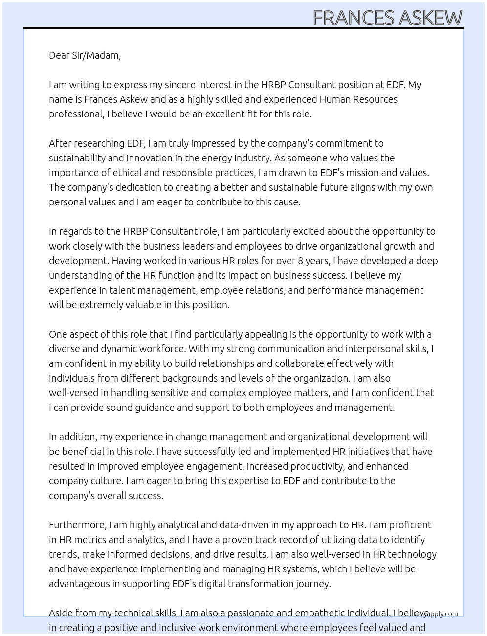 HRBP Consultant At EDF Cover Letter